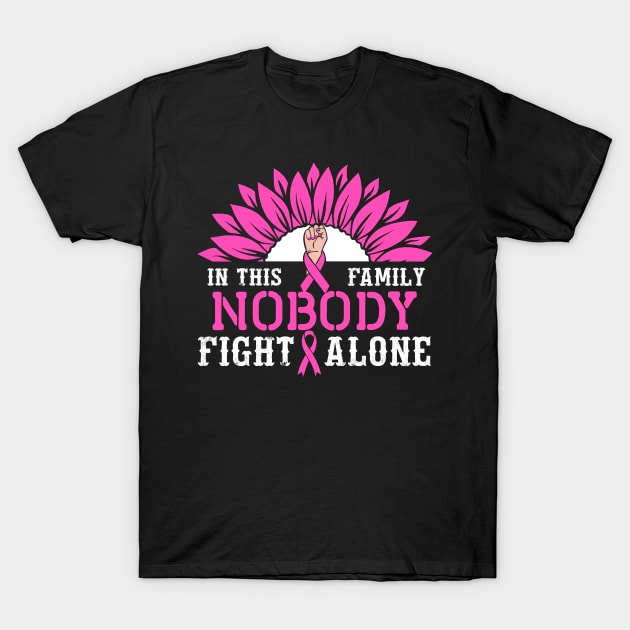 In This Family Nobody Fights Alone Breast Cancer Pink Ribbon Women T-Shirt by KhanhVan